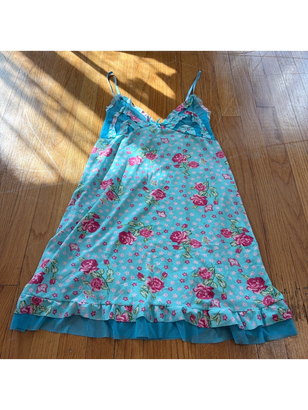 Vintage Y2K teal floral whimsical butterfly ruffle lace slip dress